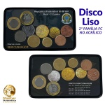 Acrílico com o Set completo de Disco Liso dO Real - 2 Família - 5 Centavos a 1 Real - Flor de Cunho