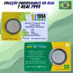 Blister com a moeda de 1 Real 1994 - V-454 - Aço Inox - 1ª Familia do Real - 24.0mm - 4.30g - Circulada. Coleção Curiosidades