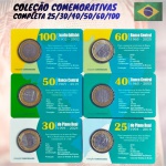Conjunto com os 6 Blisters da Coleção Comemorativas - Jk, 25 e 30 anos do Real, 40,50 e 60 anos do BC. Estado das moedas: 25 anos do Real (Beija Flor), 30 anos do Real, 50 anos do BC e 60 anos do BC - Flor de Cunho - 40 Anos do BC e Centenário de JK - MBC+. Coleção Curiosidades