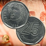 Moeda de 25 Centavos 1994 - V-450 - Flor de Cunho - Aço Inox - 23.5mm - 4,78g