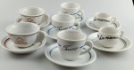 COLECIONISMO - Lote com Sete Xicaras para Café em seu respectivo pires , com  logtipo de coleçao ; entre : ( LA MAMMA , PORCÃO , FERRAÇO ) . Med pires : 11cm / Xicara : 5x6 cm.