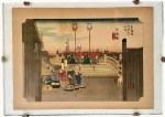 Utagawa Hiroshige, Cinquenta e três estações do Tkaid, vista da Ponte Nihonbashi ao amanhecer (1ª vista ) , por volta de 1833-1834 ---- https://www.metmuseum.org/art/collection/search/36922 ------ https://www.sothebys.com/en/buy/auction/2019/fine-japanese-art/utagawa-hiroshige-i-1797-1858-edo-period-19th-3 -----