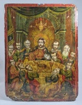 GRECIA / TURQUIA - Raro ícone no estilo bizantino "  período pós renascença, séc.XVII/ XVIII, detalhes em ouro, jesus e 12 apostolos. Madeira e tempera.   Med. Com selo de autenticação e autorização de exportação do governo turco. Med. 44.5 x 34 cm. Limpeza e superfície conservada com Damar de restauro.