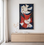 José de Dome (1921-1982) - "Cataventos e Garças". o.s.t, assinado, localizado, datado no c.i.d e no verso. Moldura em aluminio duplo original. Med.147 x 80 cm e total: 154 x 87 cm
