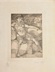 Maurice Jaubert de Becque (1878-1938) - Gravura agua forte e ponta seca original, assinada de punho e numerada. Moldura nova. Med.  SOBRE O ARTISTA: Nascido em Saumur, Maurice de Becque mudou-se para Paris, onde estudou na École des Beaux-Arts de Paris e, desde 1903, expôs anualmente no Salon d'Automne de Paris. Ele não foi apenas pintor, gravador, designer de cenários e figurinos para a Ópera-Comique e o Théâtre du Châtelet, mas é mais conhecido como ilustrador. Editores parisienses reconheceram seu talento e o convidaram para ilustrar obras de autores como P. Adam, Beaudelaire, Daudet, Gautier, Juvénal, V. Blasco Ibáñez, Conde de Gobineau, Kipling, La Fontaine, Rimbaud, Stendhal, François Villon e Le Roman de Renart.De Becque também foi um dos fundadores, em 1912, da 'Le Société des Peintres Animaliers' (Sociedade dos Pintores Animalistas).Para estudar e desenhar animais exóticos, fazia viagens frequentes ao zoológico de Antuérpia. Em 1932, Maurice de Becque se estabeleceu na Bretanha, onde desenhou e pintou paisagens costeiras e retratos de marinheiros, que expôs em Brest.