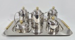 Jogo para café e chá com bandeja em metal pratrado e dourado