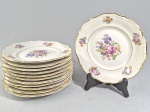 Conjunto com antigos 12´pratos rasos para sobremesa em porcelana polonesa, decorado com flores e rosas. Total: 12 peças. Med.17.5 cm