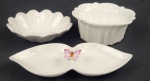 Três peças em louça branca, tigela, bowl e petisqueira. Medindo: 22 x 10 cm, 6 x 15 cm e 4 x 14 cm.