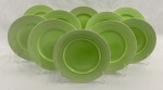 GRINDLEY, Inglaterra. Dez pratos rasos em faiança inglesa na cor verde, de desenho característico Art Déco, com decoração concêntrica em relevo. Manufatura no verso. Med.: 23cm diâm. Um com bicado.