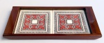Antiga bandeja em madeira nobre decorada com azulejos.Década de 60. Med 37x17cm. 