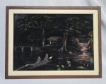 Antigo pintura emoldurada em veludo, pintura com cena noturna,  representando uma paisagem com uma pequena cabana à beira de um rio lago, com ambiente escuro, com reflexo da lua, sem autoria; Medindo 40 x 52 cm