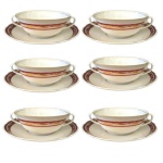REAL - Conjunto com 6 consumês, confeccionado em porcelana branca, decorado com filetes dourado e vermelho; Medindo 17 cm e 6 x 15,5 cm