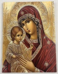 Quadro moderno representando a Virgem Maria (Theotokos) e o Menino Jesus. A obra apresenta ricas cores e detalhes ornamentais sobre fundo dourado. Medindo: 40 x 30 cm.