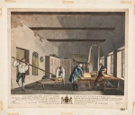WILLIAM HINCKS (Irlandês, ativo 17731797) - The Irish Linen Industry (A Indústria do Linho na Irlanda) - Raro conjunto completo de 12 placas (só temos 11) ilustrando o processo de manufatura de linho na Irlanda no século XVIII. As obras oferecem uma visão sociológica detalhada da transição da indústria doméstica (cottage industry) para a mecanização inicial. Cada placa é dedicada a uma figura da nobreza irlandesa e apresenta legendas descritivas na base, acompanhadas por brasões heráldicos. Placa XI - Sala de dobra, medição e acabamento dos tecidos. Med.: 36 x 42cm.