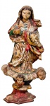 Escultura sacra antiga em madeira de Nossa Senhora da Conceição Med.: 25x5x7x11cm. Obs: falta uma cabeça na base da peça. Faltam as mãos.