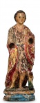 Escultura sacra em madeira policromada de São João Batista com olhos de vidros. Obs: peça está sem os braços. Na base da peça, o carneiro está sem cabeça. Med.: 26x4x8,5cm.