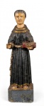 Escultura sacra antiga de Santo Antônio de Pádua, confeccionada em madeira entalhada e policromada. Med.:17,5x4x5cm