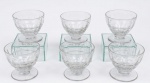 BACCARAT - Conjunto com 6 taças para água em cristal francês, haste curta e lapidação de facetas contínuas, modelo CHARLES  com carimbo da cristaleria na base de apenas 3 dos copos. 8.5 x 9.5 cm.
