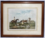 Gravura em chapa de metal, dito, cena de caçada inglesa. Obra emoldurada. Med.: 37 x 47 cm. Med. Total: 62 x 73 cm.