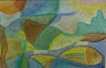 CAROL ORNELIAS - Quadro abstrato em cores suaves e formas orgânicas, composição equilibrada, evocando momento e harmonia visual, datado 05/2001. Assinatura CID.Medidas 32x41 cm.