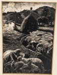 Assinatura Ilegível - "Cena de Pastorio" - Xilogravura assinada. Apresenta pontos de fungos e pequeno rasgo na parte superior. 30 x 21 cm.