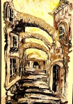 V.LINS - Quadro de arquitetura histórica com arcos em perspectiva, criando profundidade. Assinatura CIDMedidas 1,02x69 cm.