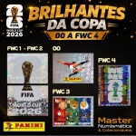 2026 - BRILHANTES - 00 a FWC4 - LOGO PANINI + EMBLEMA OFICIAL + MASCOTES + SLOGAN - 05 Figurinhas Originais PANINI RETIRADAS DOS PACOTES em ordem para colar na Contra Capa inicial e Página 1 do ÁLBUM da COPA DO MUNDO FIFA 2026 - Imagem ilustrativa de uma das peças do acervo, o cliente vai receber a Seleção descrita neste anúncio original PANINI