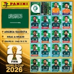 2026 - SELEÇÃO DA ARÁBIA SAUDITA Completa - KSA1 A KSA20 - Grupo H - 20 Figurinhas Originais PANINI RETIRADAS DOS PACOTES em ordem para colar nas páginas 70 e 71 do ÁLBUM da COPA DO MUNDO FIFA 2026 - Imagem ilustrativa de uma das peças do acervo, o cliente vai receber a Seleção descrita neste anúncio original PANINI