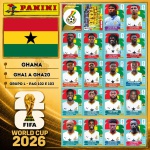 2026 - SELEÇÃO DE GHANA Completa - GHA1 A GHA20 - Grupo L - 20 Figurinhas Originais PANINI RETIRADAS DOS PACOTES em ordem para colar nas páginas 102 e 103 do ÁLBUM da COPA DO MUNDO FIFA 2026 - Imagem ilustrativa de uma das peças do acervo, o cliente vai receber a Seleção descrita neste anúncio original PANINI