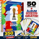 2026 - 50 ENVELOPES DE FIGURINHAS + ÁLBUM CAPA MOLE (GRÁTIS). 50 Pacotes Lacrados (350 Figurinhas) + Álbum Capa Mole Grátis. Imagem ilustrativa. Produto original PANINI