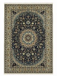 NAIN- Exuberante tapete persa de origem iraniana, confeccionado artesanalmente em, sobre base de algodão. Apresenta campo azul-marinho intensamente ornamentado por ramagens, arabescos e motivos florais, centrado por amplo medalhão circular em tons de marfim, azul-claro e vinho. Cercadura múltipla com predominância de fundo marfim e decoração floral. Medindo  3,50 x 2,50.
