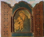 Arte Sacra - Gravura de Ícone religioso sobre madeira trabalhada em relevo policromia em ouro e flores e folhagens. Meed.25 x 22 cm aberto e 12 x 22 cm fechado