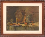 GINO BRUNO (1899 - 1977). "Tacho, Garrafa, Jarra e Cálice s/ Mesa". Óleo s/ Tela. 65 x 85 cm