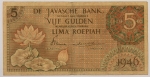 Numismática, JAVA. Uma Cédula P-88 5 Gulden 1946