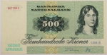 Numismática, DANMARK. Uma Cédula 500 Kroner 1972 Flor de Estampa