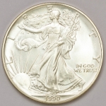 Numismática, EUA. Moeda de 1 Onça de Prata .999 (31,10gr) Eagle Walking Liberty 1990. Encapsulada, data raríssima FC. Para colecionadores