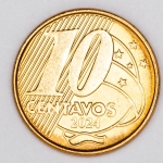 Numismática, Brasil. Moeda de 10 Centavos 2024, reverso inclinado à direita. Oportunidade, V-508