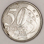 Numismática, Brasil. Moeda de 50 Centavos 2002.Cunho descentralizado, deslocado. Reverso inclinado à direita, escassa. V-521