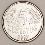 Numismática, Brasil. Moeda de 5 Centavos 1977 com colarinho e data vazada no reverso, acima da cabeça. Oportunidade V-445
