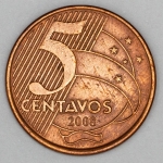 Numismática, Brasil. Moeda de 5 Centavos 2008 com a letra A de `Centavos` fechada. Cunhagem 28.672.000 (a 3ª mais rara da série). V-474