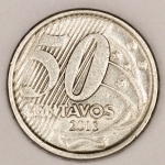 Numismática, Brasil. Moeda de 50 Centavos 2013 Reverso Inclinado à direita e apagada, defeito na cunhagem. V-531