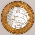 Numismática, Brasil. Moeda de 1 Real 2002 Juscelino Kubitschek. Reverso inclinado à direita V-537
