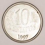 Numismática, Brasil. Moeda de 10 Centavos 1997 com batida dupla na palavra Centavos e na data. Rara