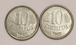 Numismática, Brasil. Lote com 2 moedas de 10 Centavos 1997, sendo uma com batida dupla na palavra Centavo e na data e outra com sobra de metal na palavra Brasil. V-449, oportunidade