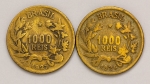 Numismática, Brasil. Lote com duas moedas de 1000 Réis 1924 e 1927, símbolo da fortuna. Bronze e Alumínio, 27mm V-128 e 130. Complete sua coleção