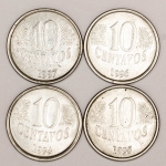 Numismática, Brasil. Série completa com quatro moedas de 10 centavos, anos 1994, 1995, 1996 e 1997, com data vazada no reverso, parte superior acima da cabeça. Oportunidade
