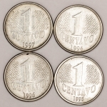Numismática, Brasil. Série completa de 1 Centavo 1ª Família do Real. Anos 1994, 1995, 1996 e 1997. Já escassas