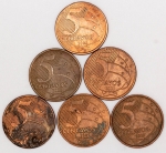 Numismática, Brasil. Lote com seis moedas de 5 Centavos, sendo cinco com lindas sobras de metal, sem repetição de data, incluindo o raro 5 Centavos 2008 V-474