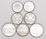 Numismática, Brasil. Lote com sete moedas, sendo 100 e 500 Cruzeiros 1985 e 1986, além de 5, 10 e 50 Centavos de Cruzado Novo 1989. Já escassas