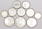 Numismática, Brasil. Lote com dez moedas de 10, 20 e 50 Centavos de Cruzado, anos 1986, 1987, 1988, além de 5 Cruzados 1987 e 1988 e 10 Cruzados 1988.